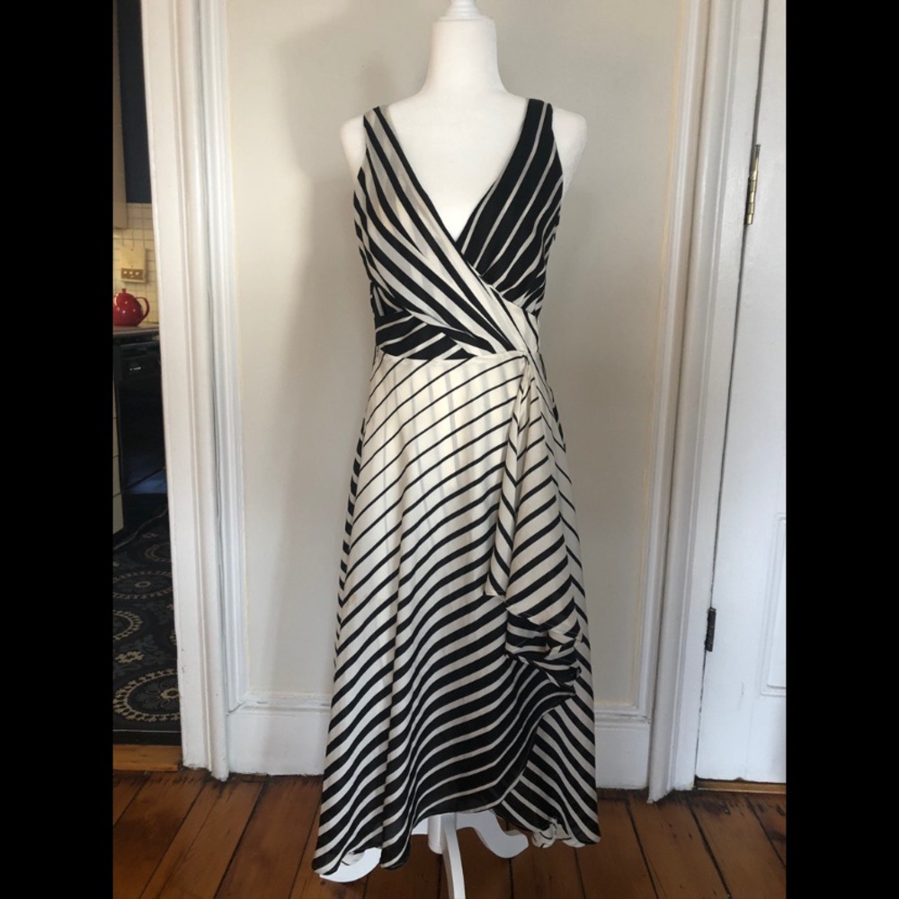 UNIQUE Striped Faux Wrap Fit and Flare Dress
